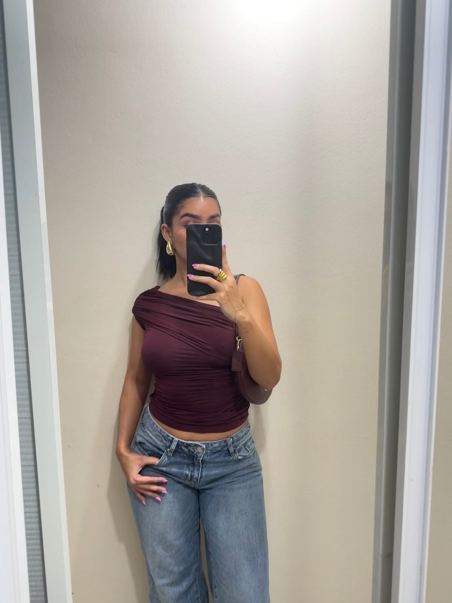 One shoulder burgundy top