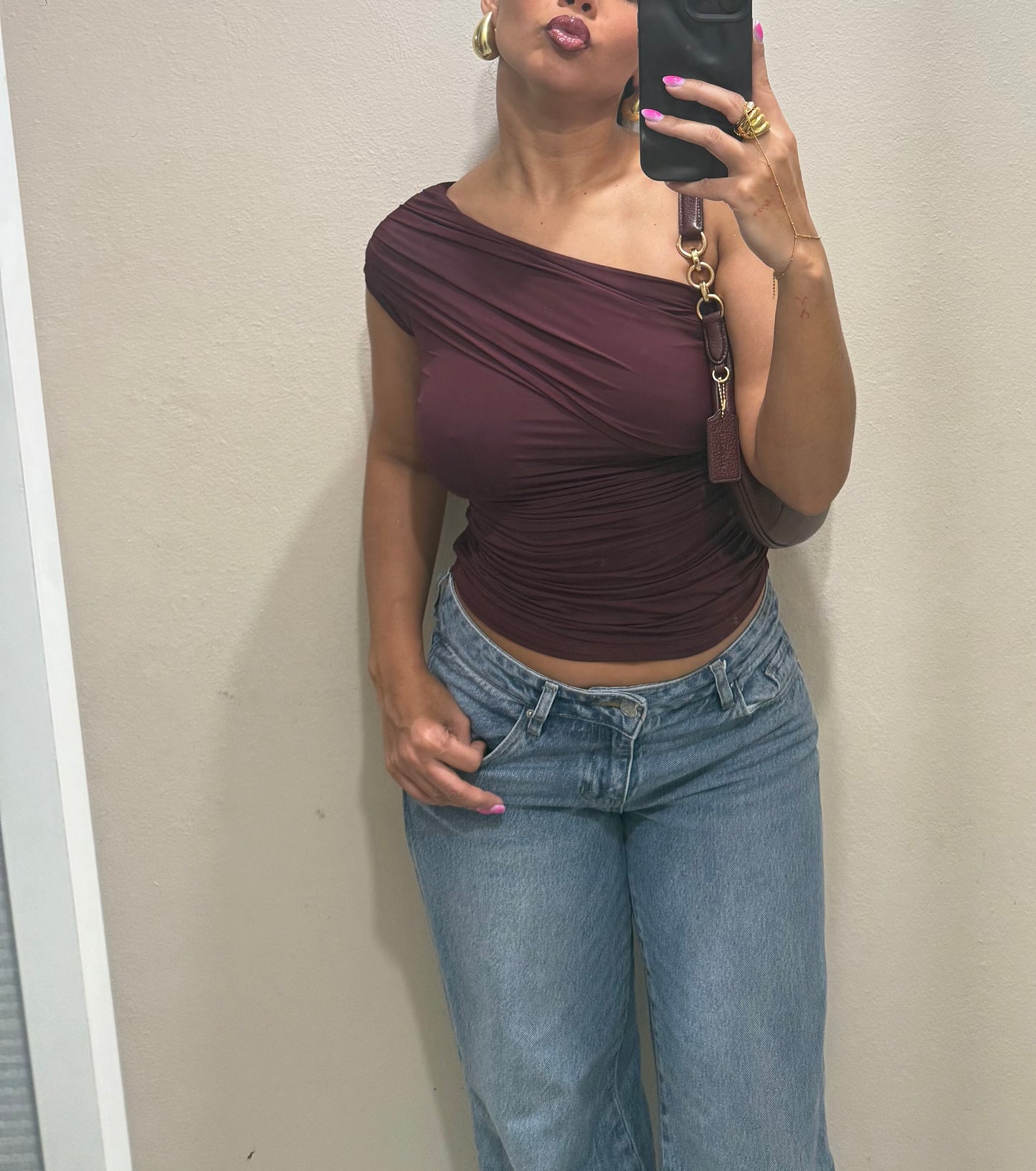 One shoulder burgundy top