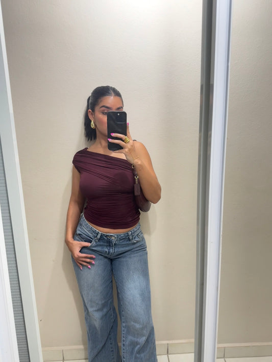 One shoulder burgundy top